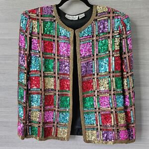 Laurence Kazar New York Sequin Silk Party Colorful Blazer Cardigan Bling Shimmer